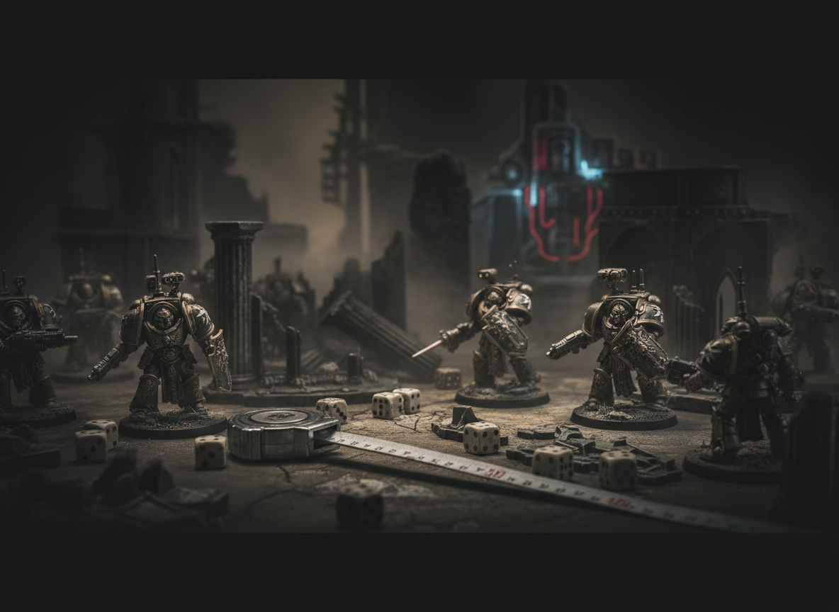 subtle Warhammer 40K style tabletop gaming scene with dice, measuring tape, and miniatures on a battlefield, dark neutral tones, high contrast, abstracted background suitable for a website hero